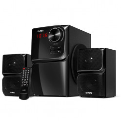 Акустика SVEN MS-305 Black, 2.1/20 Вт + 2x10 Вт RMS, Bluetooth, FM-тюнер, USB, SD, пульт ДУ, черный глянцевый, дерево.